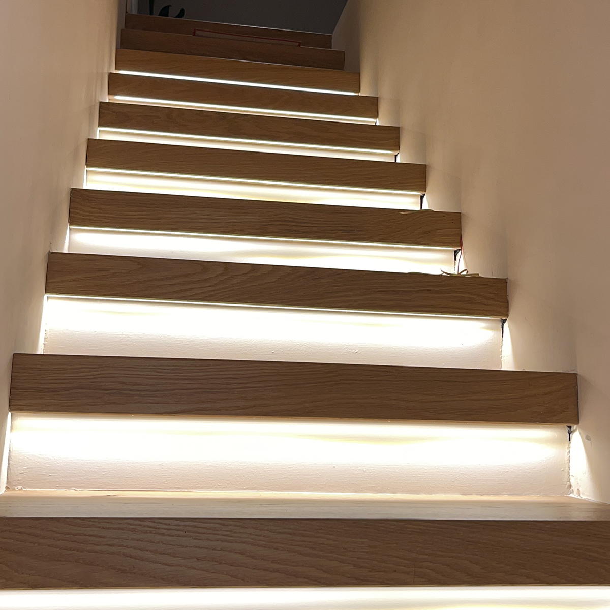 Fgv Impianti Biella Srl Impianti Civili Scala interna in legno con illuminazione a led sui gradini
Descrizione: Scalinata interna moderna con gradini in legno chiaro. Ogni pedata è illuminata da strisce a led integrate sotto i gradini, creando un effetto di luce continua lungo la salita. Le pareti laterali sono bianche e uniformi.