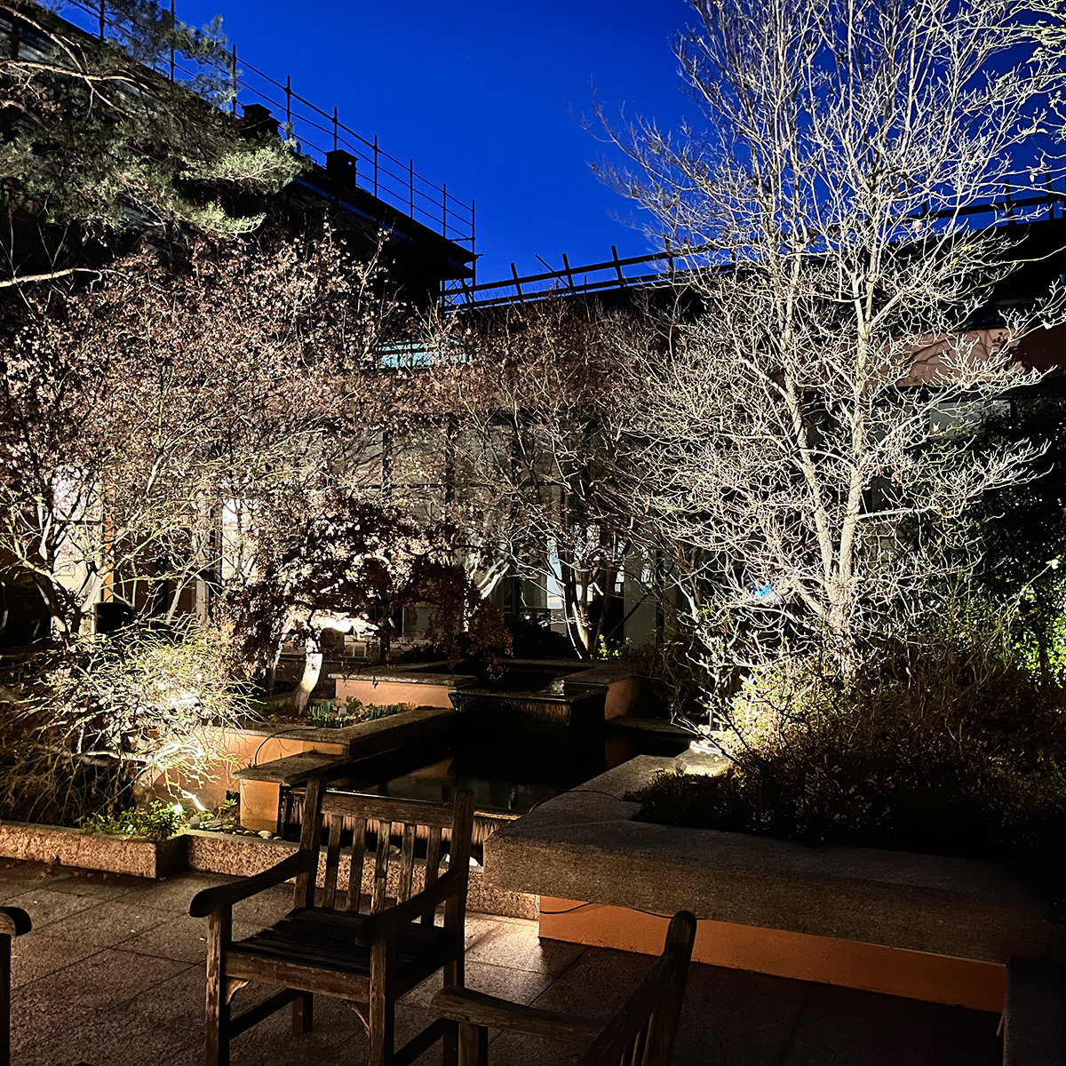Fgv Impianti Biella Srl Impianti Civili Giardino illuminato di notte con alberi e panchine
Spazio esterno con alberi e cespugli illuminati da luci artificiali in grossi vasi di cemento. Alcuni punti luce a terra creano giochi di ombre. Al centro sono disposte sedie in legno e un vialetto che attraversa il giardino.