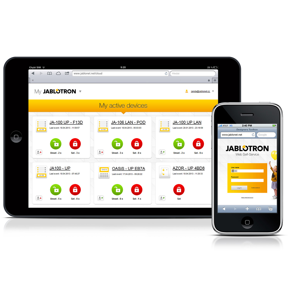 Fgv Impianti Biella Srl Antintrusione Interfaccia domotica per Antintrusione visualizzata su tablet e smartphone con programma My Jablotorn
Tablet e smartphone cpn programma My Jablotron per Antintrusione appoggiati su superficie bianca mostrano la stessa interfaccia di controllo domotico. Lo schermo riporta indicatori colorati per stato allarmi, luci e dispositivi collegati. Il layout è semplice e leggibile.