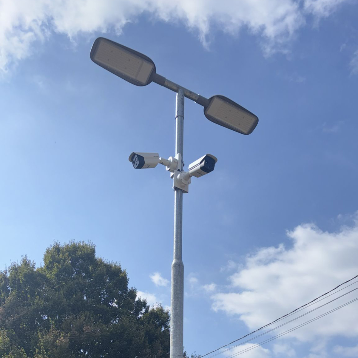 FGV Impianti Biella S.R.L. Videosorveglianza Lampioni a led e telecamere di Viedeosorveglianza installati su palo metallico in esterno
Coppia di lampioni a led fissati su un palo metallico grigio in ambiente esterno. Alla base dei lampioni sono montate anche videocamere di sorveglianza orientate in più direzioni. Sullo sfondo si vedono alberi verdi e cielo azzurro con nuvole.